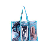 Side view of blue medium CamPaq clear bag showing top handles and 3 pockets filled with shoes