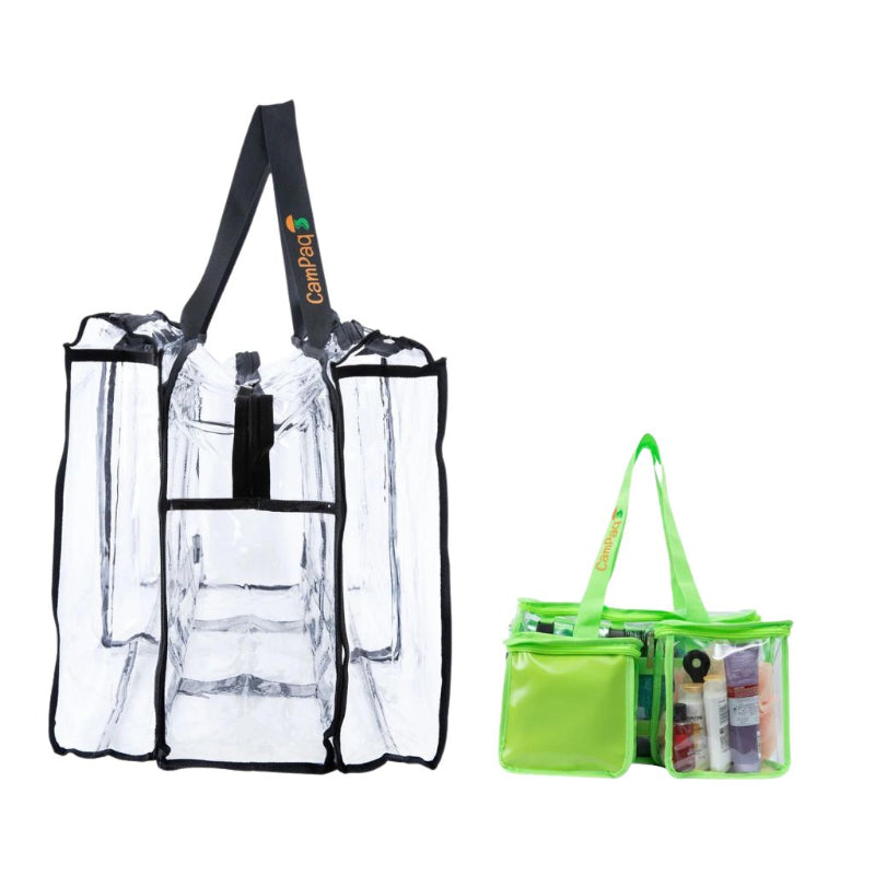 A large black clear camping bag with and a smaller green toiletry bag with contents visible through the clear material.