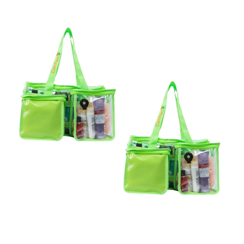 Two green clear CamPaq toiletry bags bundle filled with toiletry items