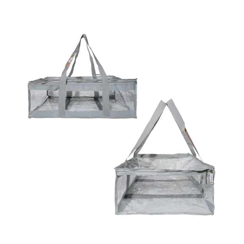 Side view of empty grey CamPaq clear under bed bag bundle